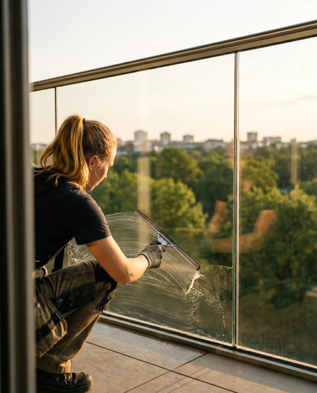 Mycie szklanej balustrady balkonu ściągaczką, widok na zieleń i miasto